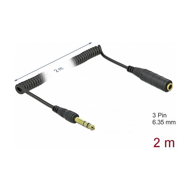 2 m aufgerolltes Audio-Adapterkabel mit 3-poliger 6,35-mm-Stecker- und passender Buchsenverbinder.