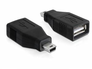 Zwei schwarze USB-Adapter: ein Mini-USB-Stecker und ein USB-A-Buchse, gezeigt auf weißem Hintergrund.