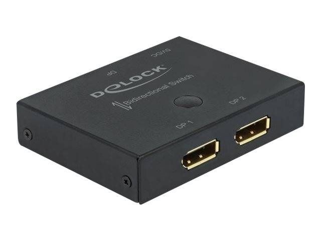 Schwarze Delock bidirektionale HDMI-Umschalterbox mit zwei HDMI-Anschlüssen mit den Bezeichnungen DP 1 und DP 2.