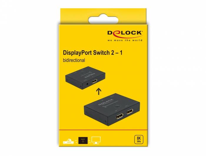 Verpackung für einen Delock DisplayPort-Umschalter 2-zu-1, bidirektional, mit zwei schwarzen Schalterboxen und 8K 60Hz-Unterstützungssymbolen.
