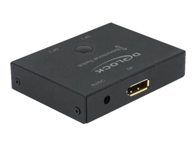 Schwarze rechteckige AV-Umschalterbox mit der Bezeichnung „D-LOCK" mit Taste, Ein-/Ausgängen und einer 5V-Gleichstrombuchse auf der Vorderseite.