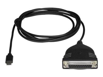 Schwarzes Adapterkabel mit einem kleinen Multi-Pin-Stecker auf der einen Seite und einem größeren D-Sub-Stecker auf der anderen Seite.