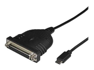 Ein schwarzes Kabel mit einem DB25-Parallelport-Stecker auf der einen Seite und einem USB-C-Stecker auf der anderen Seite.