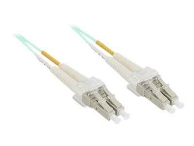 Zwei Faseroptische Stecker mit hellgrünen Kabeln auf weißem Hintergrund.