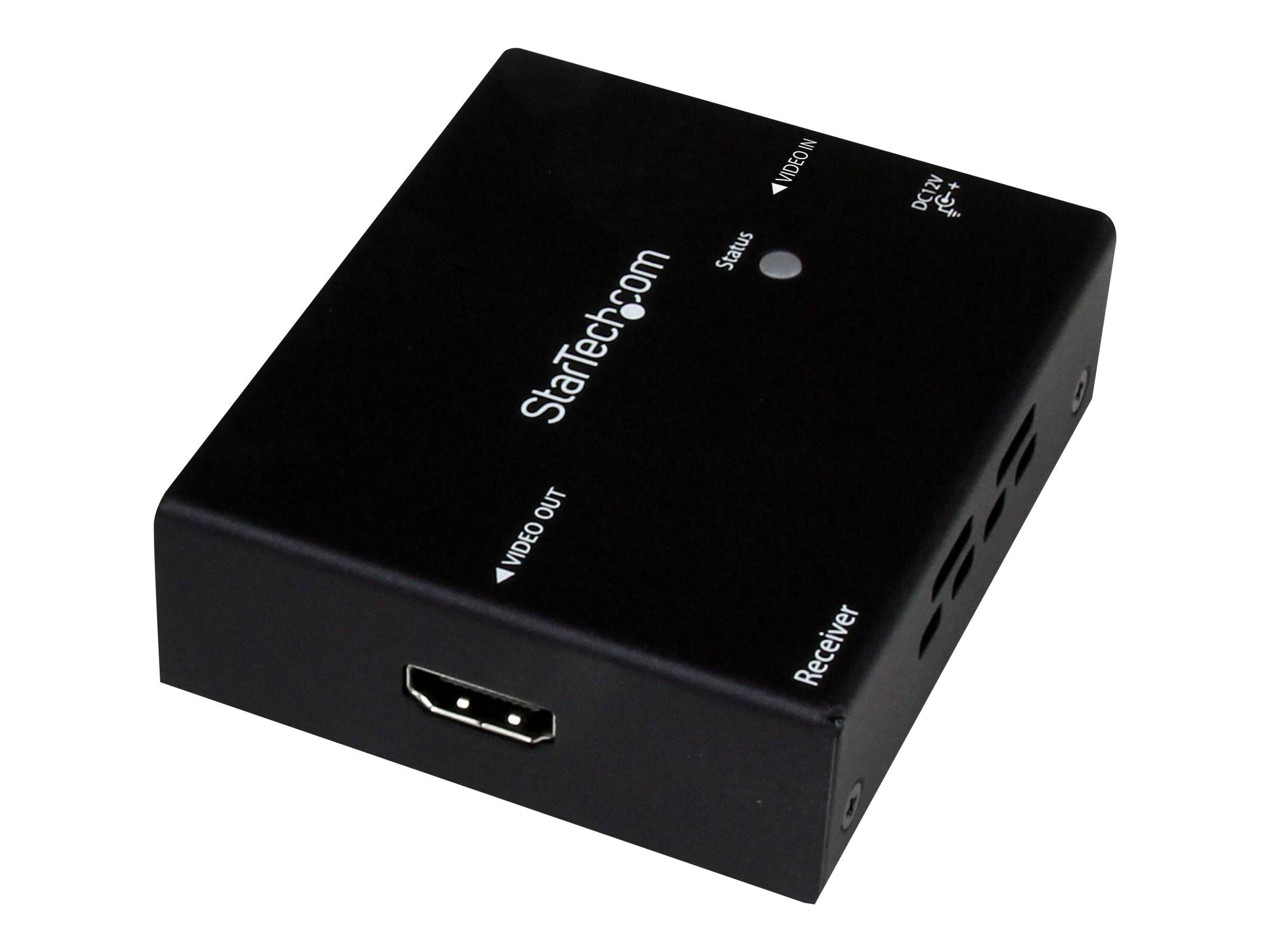 Black StarTech.com Videoempfänger-Box mit HDMI-Anschluss, Statusleuchte und gekennzeichneten Eingängen auf der Ober- und Seitenseite.