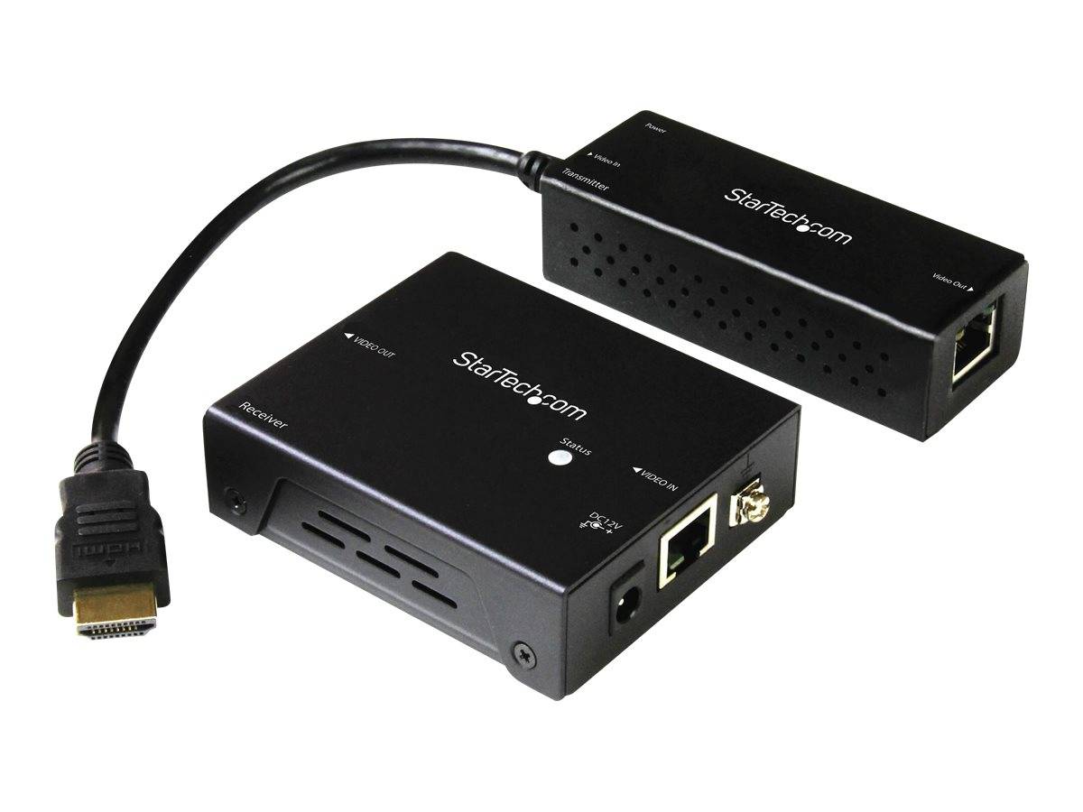 Zwei schwarze AV-Konverterboxen von StarTech.com, die durch ein Kabel verbunden sind, eine mit HDMI-Anschluss und die andere mit Ethernet- und Stromanschlüssen.