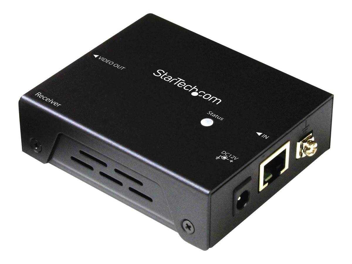 StarTech.com schwarze Video-Empfängerbox mit Stromversorgung und Ethernet-Anschlüssen, mit den Beschriftungen 