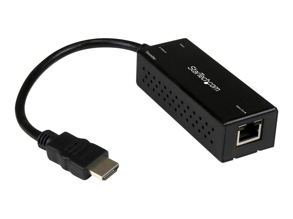 Black StarTech.com HDMI-zu-Ethernet-Adapter mit Kurzkabel und RJ45-Netzwerkport auf weißem Hintergrund