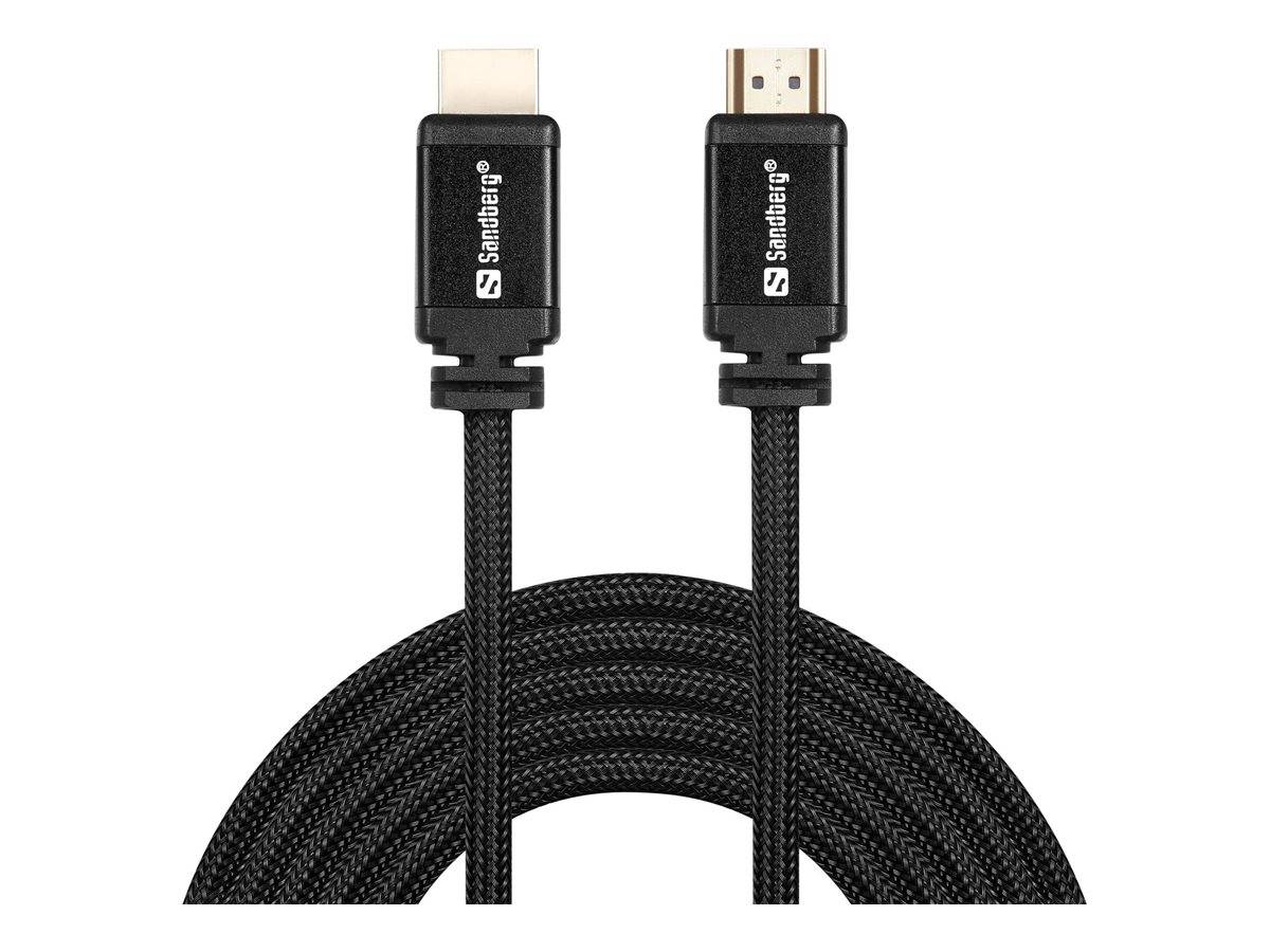 Schwarzes geflochtenes USB-C-auf-HDMI-Kabel mit dargestellten Anschlüssen auf weißem Hintergrund.
