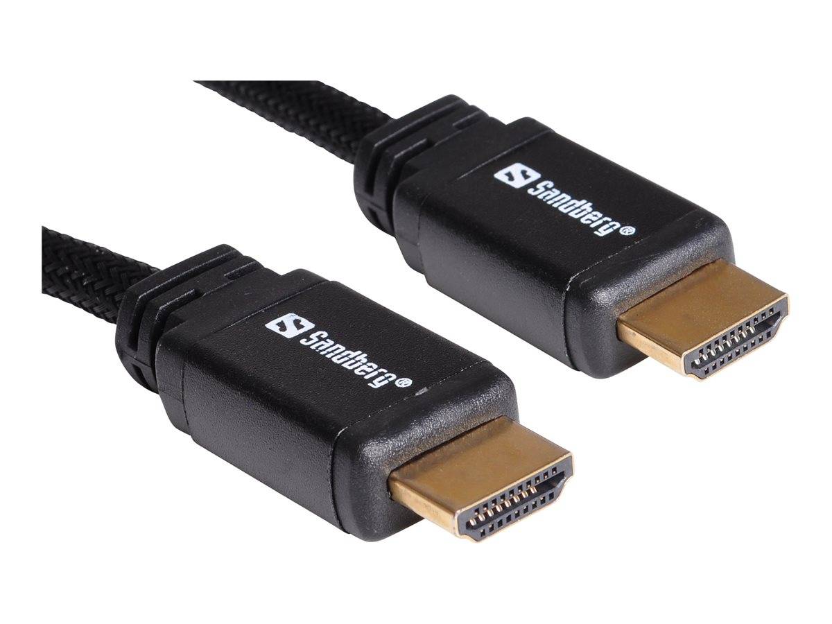 Zwei schwarze Sandberg-HDMI-Kabelverbinder mit vergoldeten Spitzen auf weißem Hintergrund.