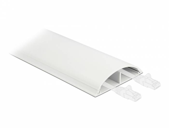 Weiße Kabelabdeckung mit gewölbtem Schnappdeckel, zwei interne Kabelklemmen an einem Ende auf weißem Hintergrund dargestellt.