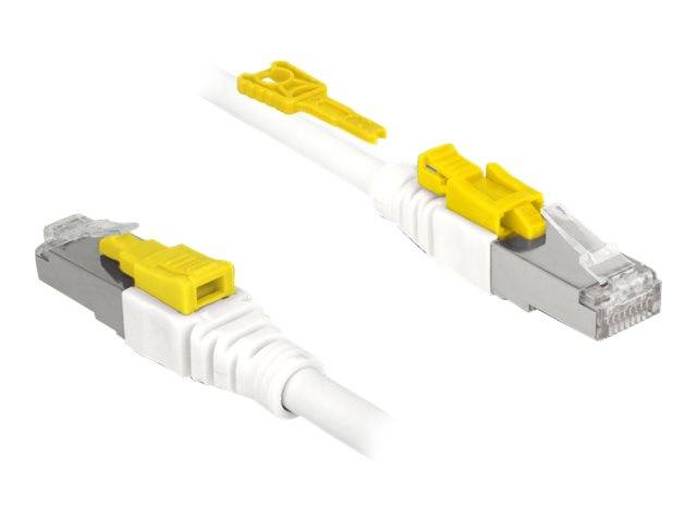 Weißes Ethernet-Kabel mit gelben und grauen RJ45-Steckern in Nahaufnahme auf weißem Hintergrund.