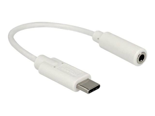 Weißes USB-C zu 3,5 mm Kopfhörer-Klinkenstecker-Adapterkabel auf einfachem Hintergrund.
