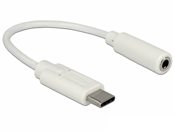 USB-C-Stecker zu 3,5-mm-Buchse Audioadapterkabel auf weißem Hintergrund