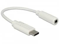 Weißes USB-C-Kabeladapter mit USB-C-Stecker und weiblicher Audio-ähnlicher Buchse.
