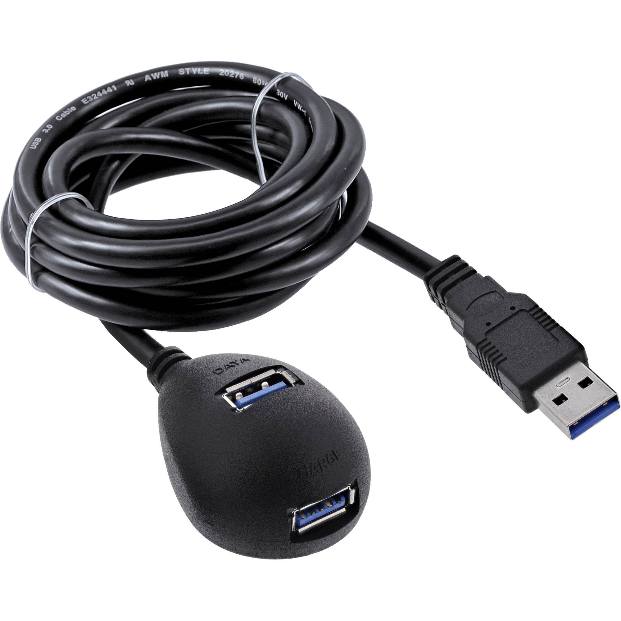USB 3.0-Verlängerungskabel mit männlichem USB-A-Stecker, integriertem weiblichem USB-A-Anschluss und einer zusätzlichen weiblichen USB-A-Buchse auf einem schwarzen Gehäuse