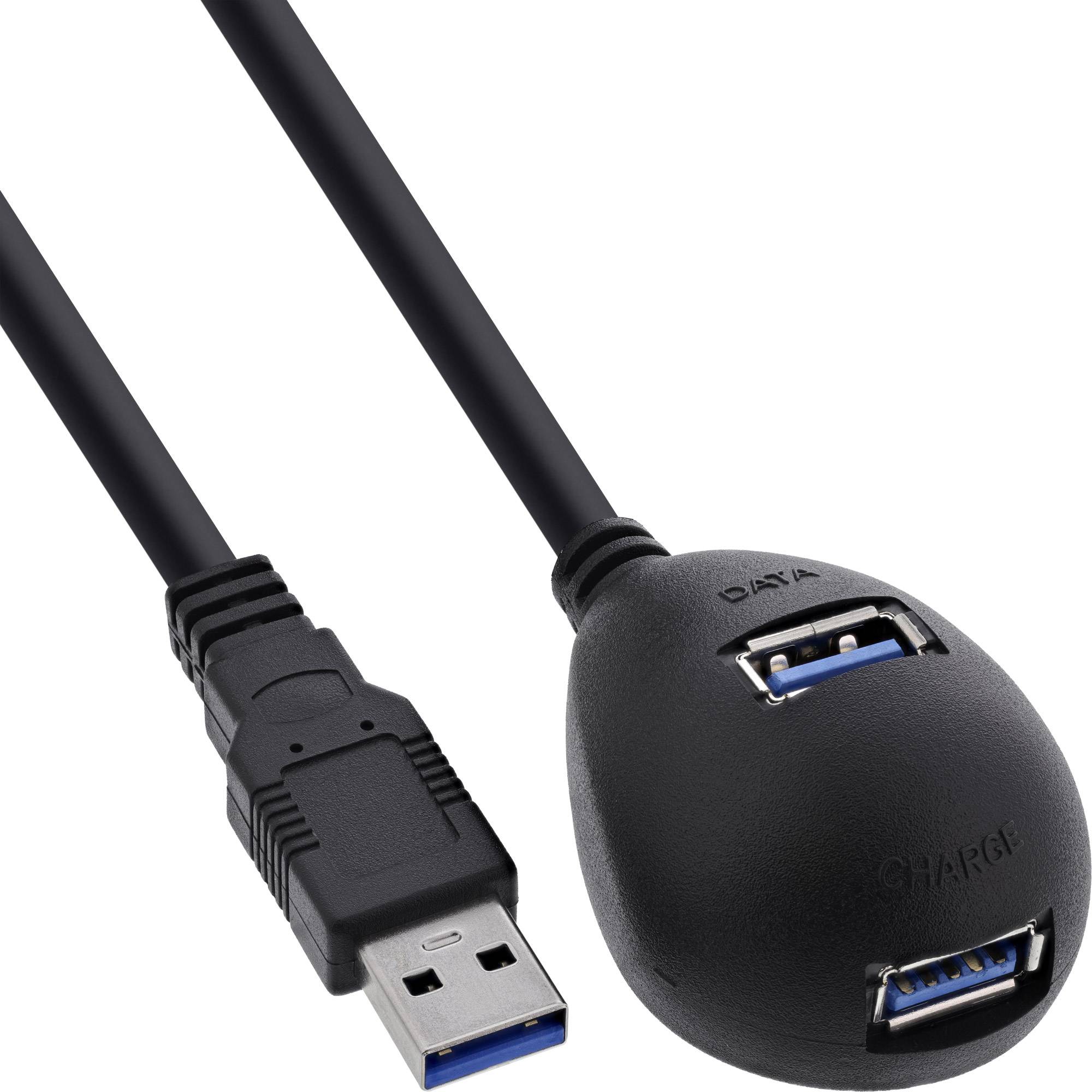 Schwarzes USB 3.0 Y-Splitter-Kabel mit einem männlichen USB-A-Stecker und zwei weiblichen USB-A-Buchsen, mit den Beschriftungen 