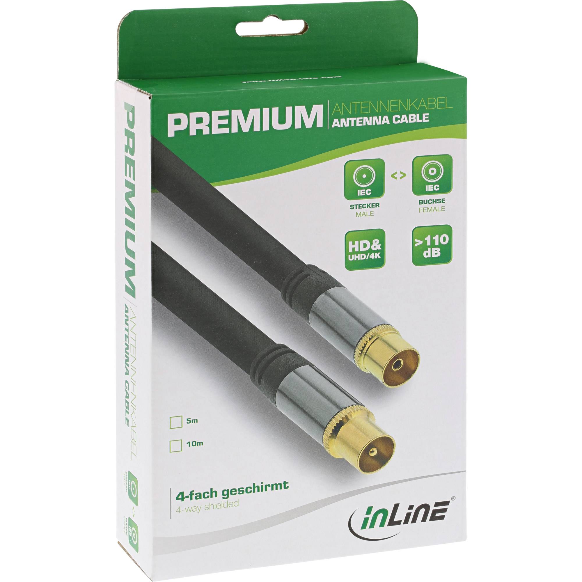 Verpackung für ein inLine Premium-Antennenkabel mit zwei Koaxialsteckern, gekennzeichnet mit HD/UHD/4K, >110 dB und 4-facher Abschirmung.