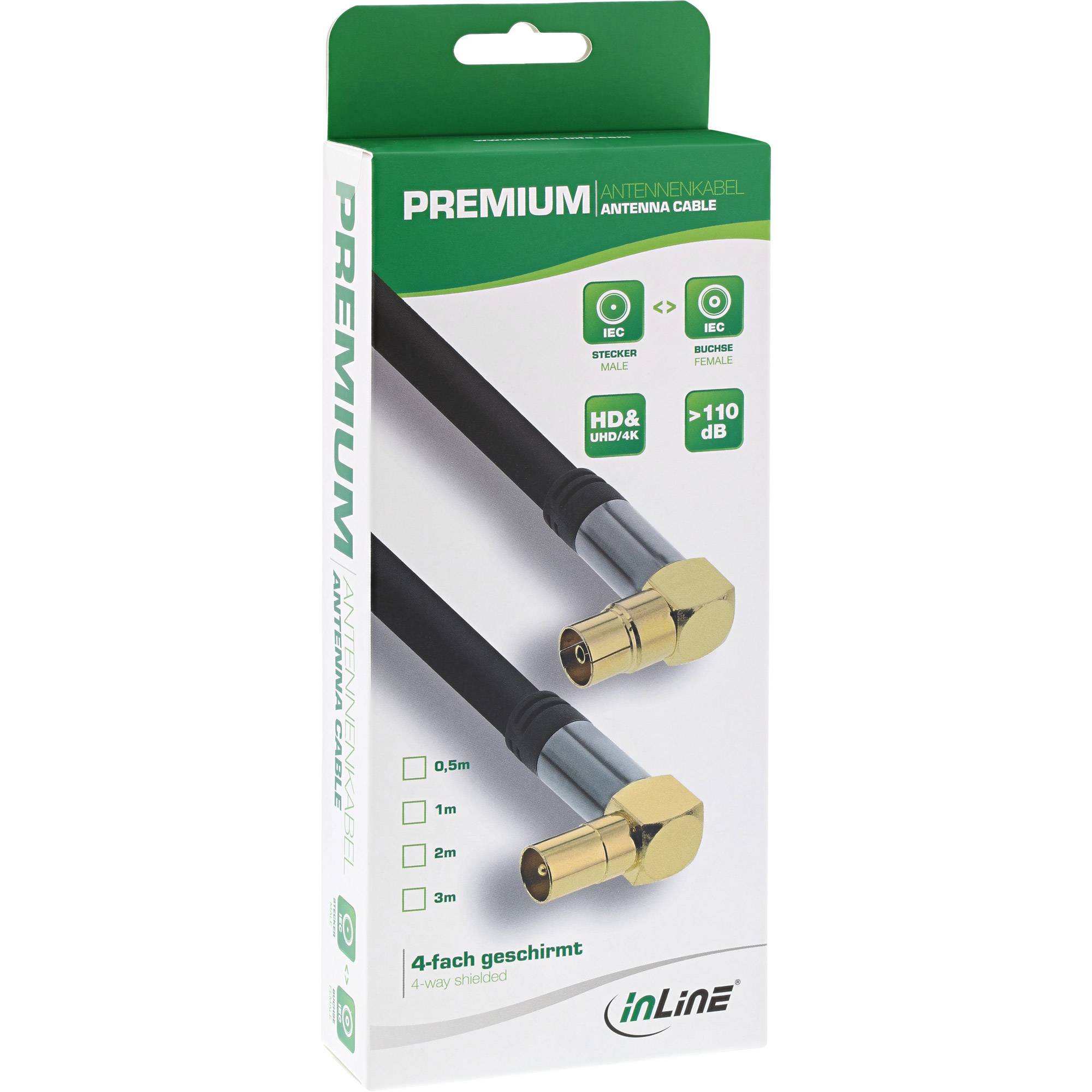 INLINE - Premium Antennenkabel gewinkelt - 4x geschirmt - >110dB - schwarz - 10m