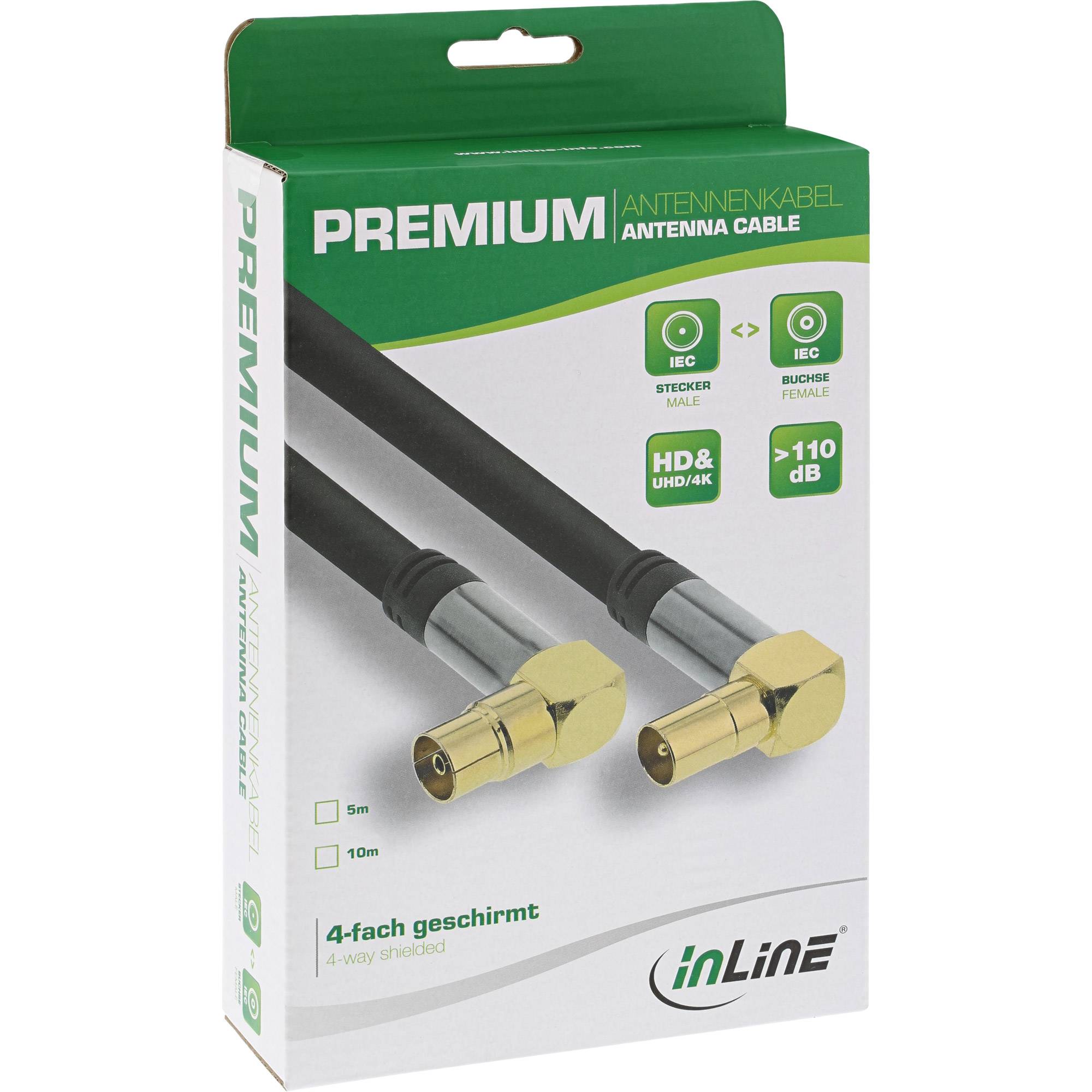 INLINE - Premium Antennenkabel gewinkelt - 4x geschirmt - >110dB - schwarz - 10m