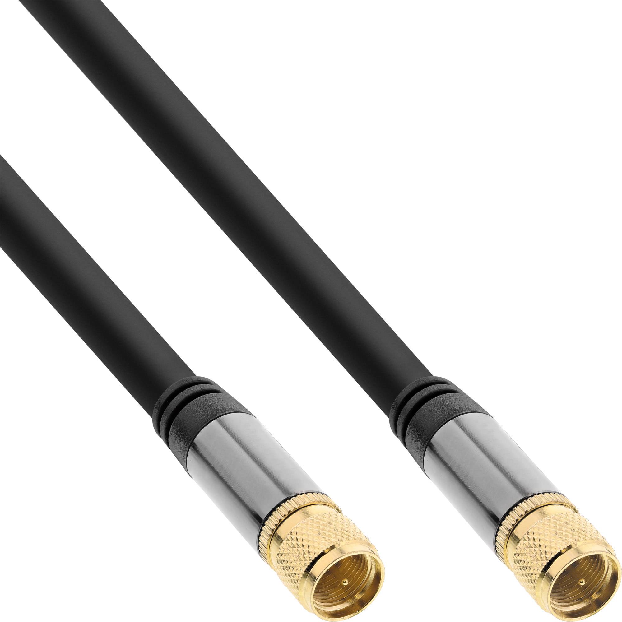 Zwei schwarze koaxiale Kabel mit vergoldeten Gewinde-Steckverbindern, dargestellt auf weißem Hintergrund.