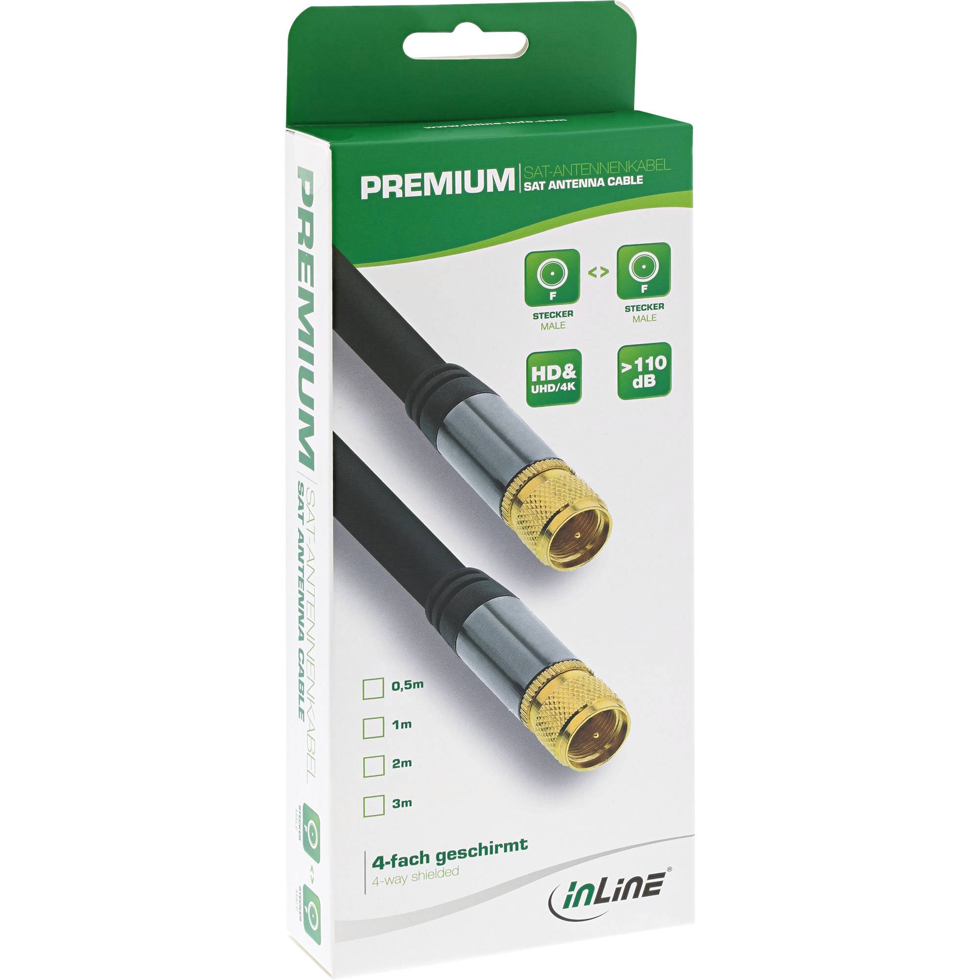 Verpackung für ein Premium-SAT-Antennenkabel, das ein koaxiales Stecker-zu-Stecker-Kabel mit HD/UHD-4K-Unterstützung und 110-dB-Abschirmung zeigt.