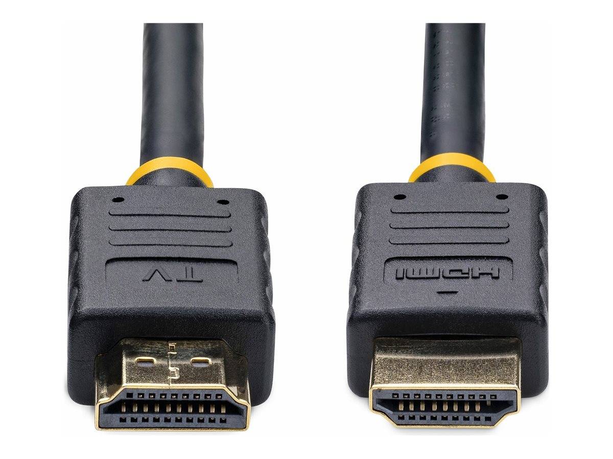 Zwei HDMI-Kabel mit schwarzen Anschlüssen, eines Standard-HDMI und eines Mini-HDMI, nebeneinander auf weißem Hintergrund dargestellt.