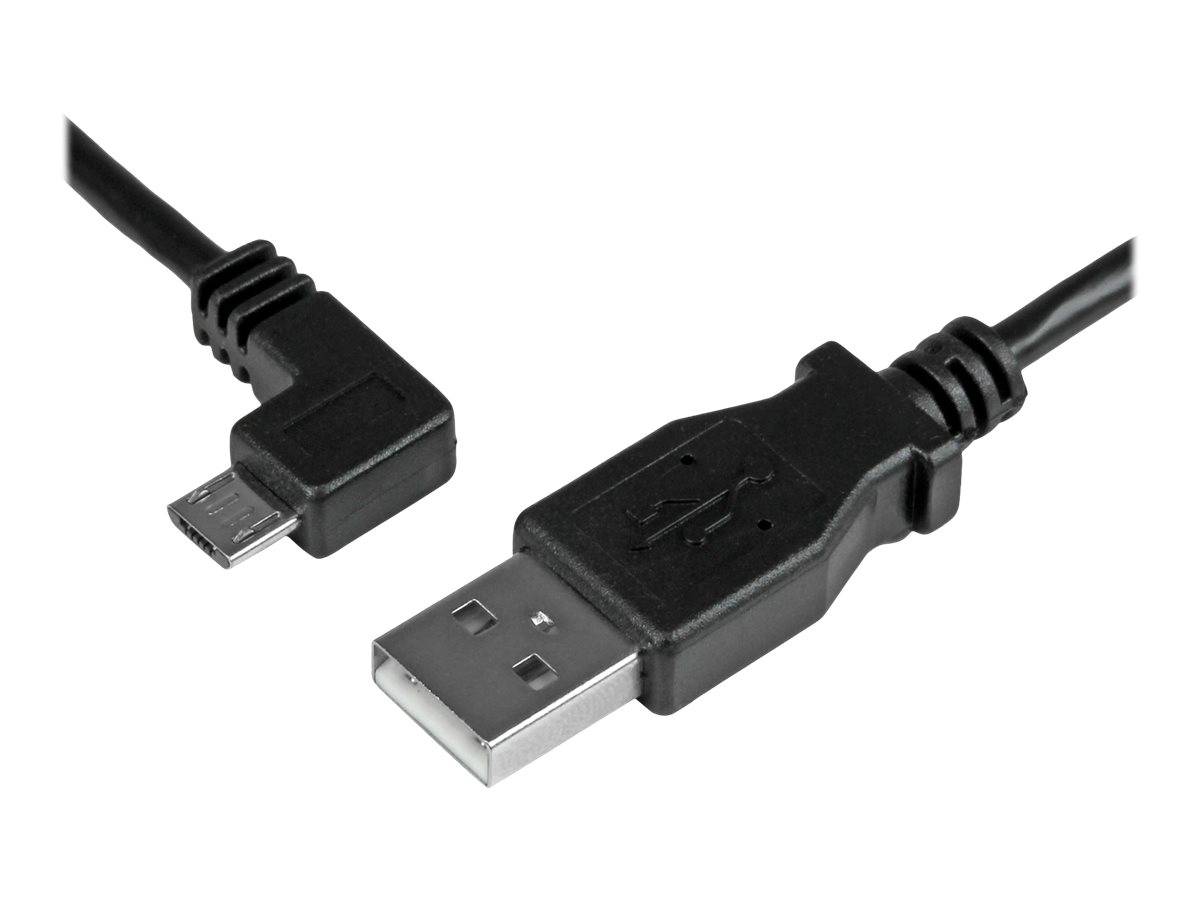 Nahaufnahme eines USB-A-auf-Micro-USB-Kabels mit schwarzen Winkelsteckern auf weißem Hintergrund.