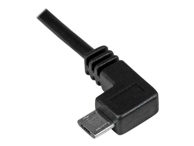 Nahaufnahme eines schwarzen rechtwinkligen Micro-USB-Stecker-Anschlusses auf weißem Hintergrund.