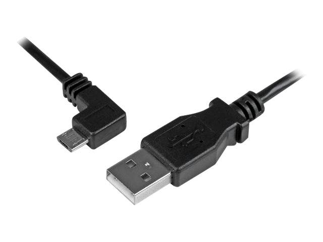 Schwarzes USB-Kabel mit einem rechtwinkliges Micro-USB-Anschluss an einem Ende und einem Standard-USB-A-Stecker am anderen Ende.