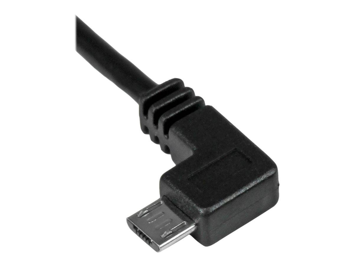 Schwarzes Micro-USB-Kabel mit rechtwinkliger Steckverbindung auf weißem Hintergrund