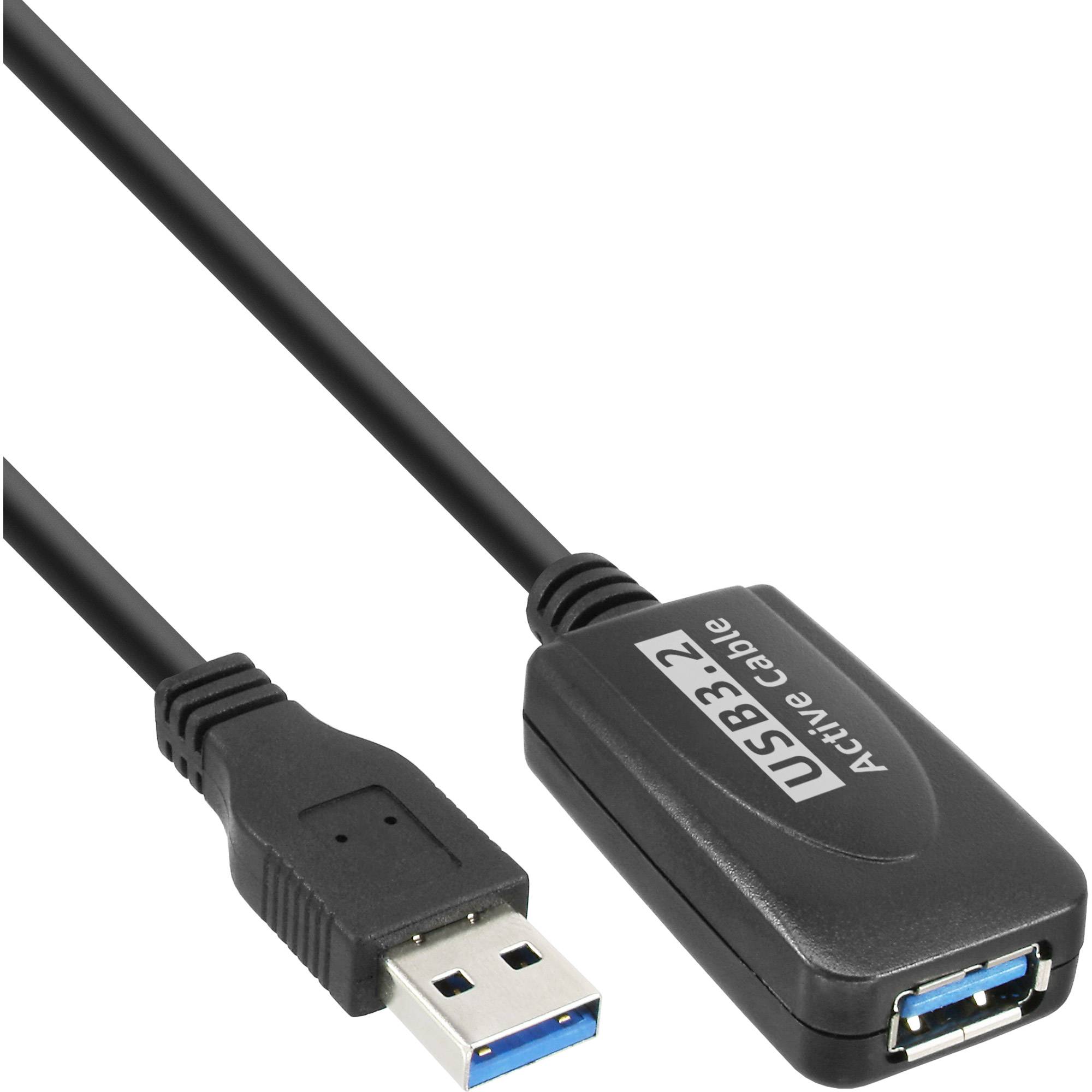 USB 3.2 Aktivkabeladapter mit männlichem USB-A-Stecker auf der einen Seite und weiblichem USB-A-Anschluss auf der anderen Seite.