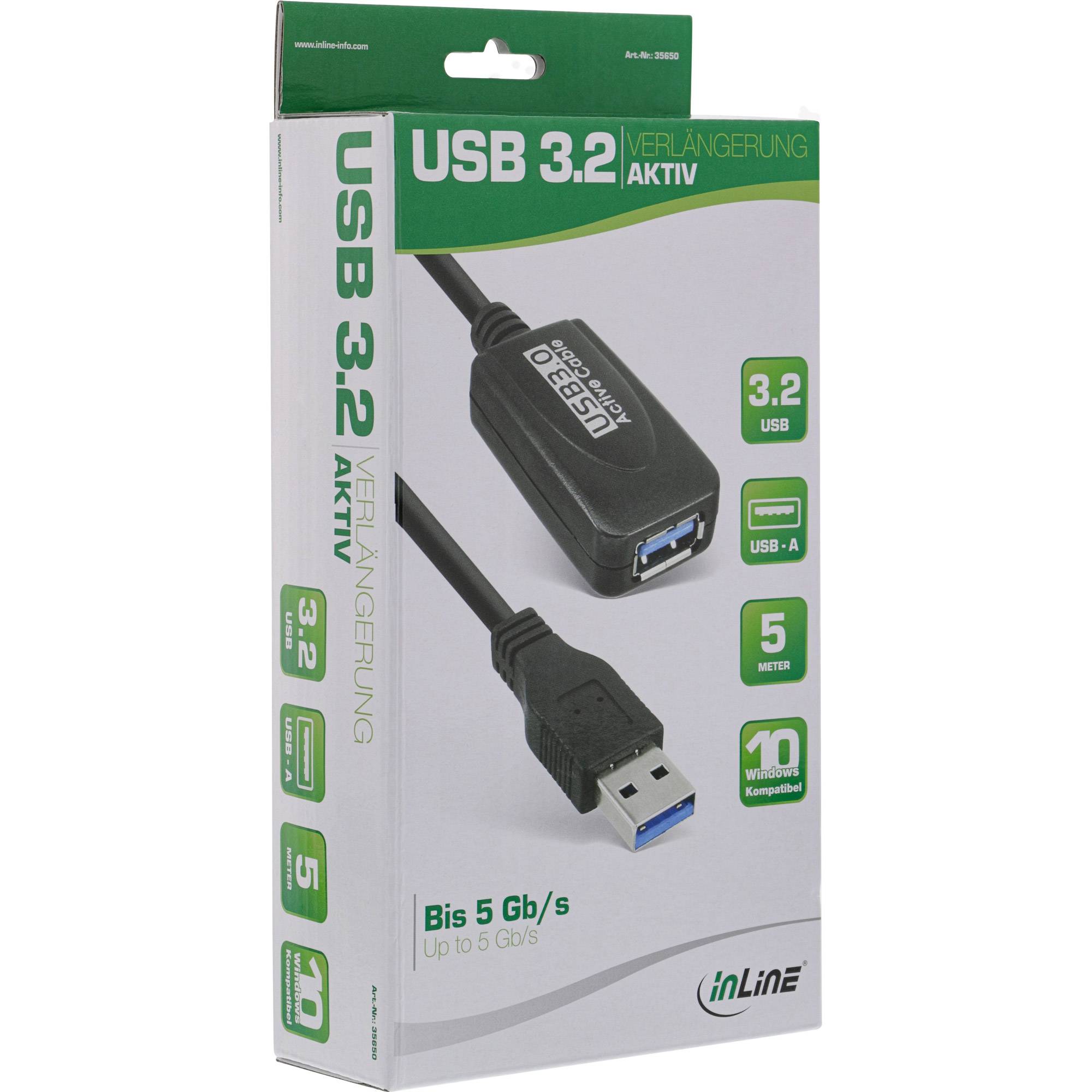 INLINE - USB 3.2 Gen.1 Aktiv-Verlängerung - Stecker A an Buchse A - schwarz - 5m