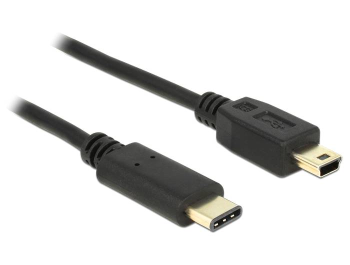 Zwei schwarze USB-Kabel mit unterschiedlichen Anschlüssen: ein USB-C-Stecker an einem Ende und ein Mini-USB-Stecker am anderen Ende.
