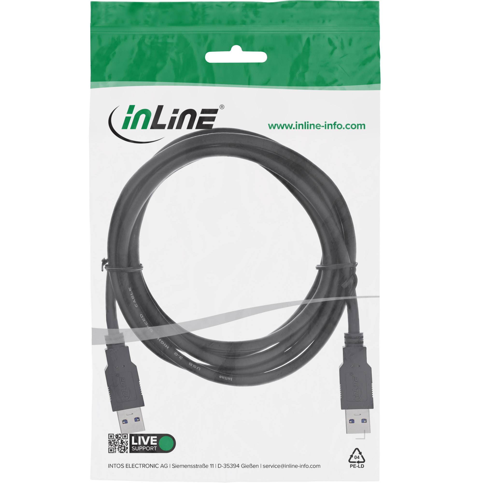Verpacktes InLine-USB-Kabel mit zwei männlichen Steckern, aufgerollt auf weißer Einzelhandelverpackung mit Markenlogo und Website.
