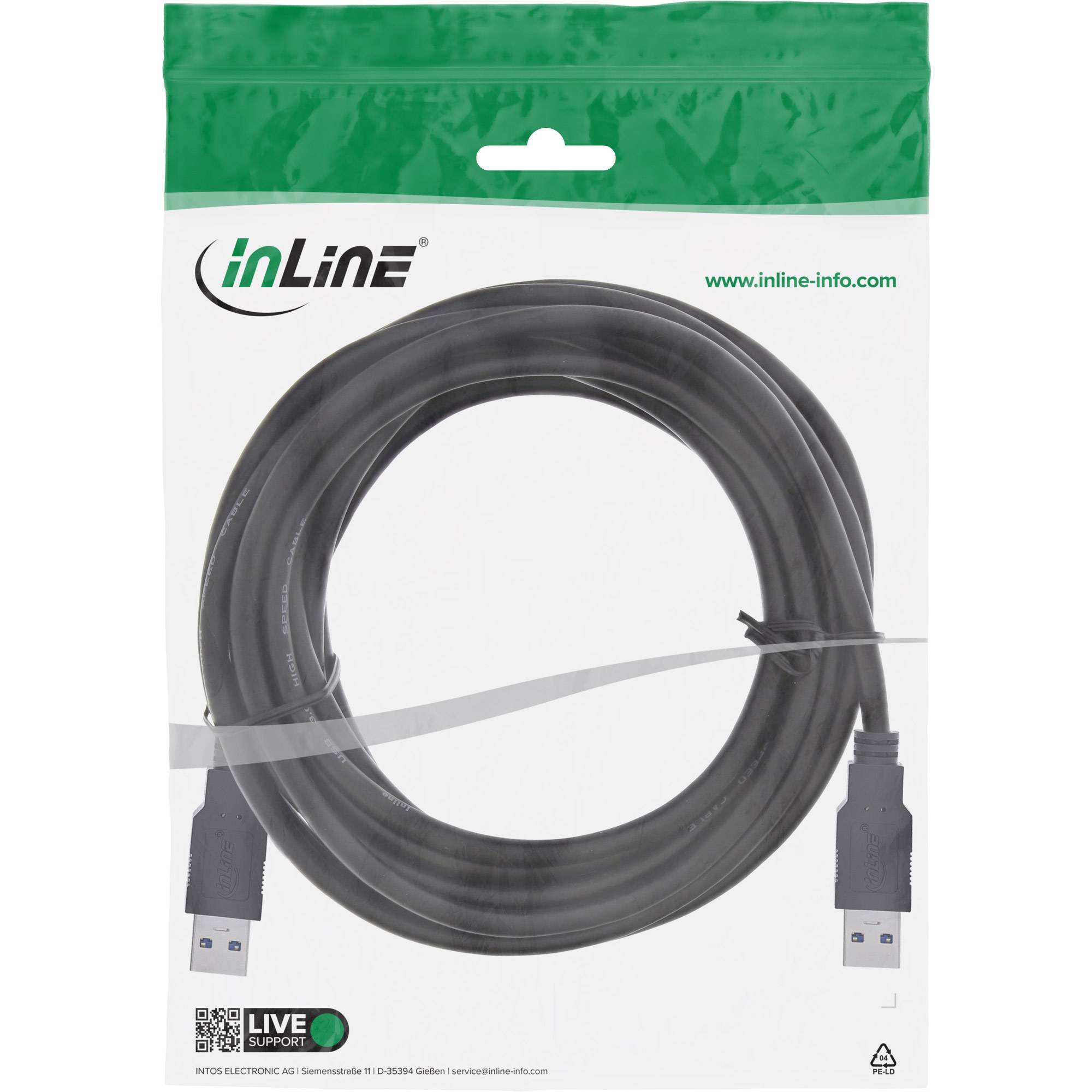 Einzelhandelspaket eines InLine USB-Kabels, aufgerollt und mit einer Krawatte gesichert, mit USB-A-Steckern an beiden Enden.