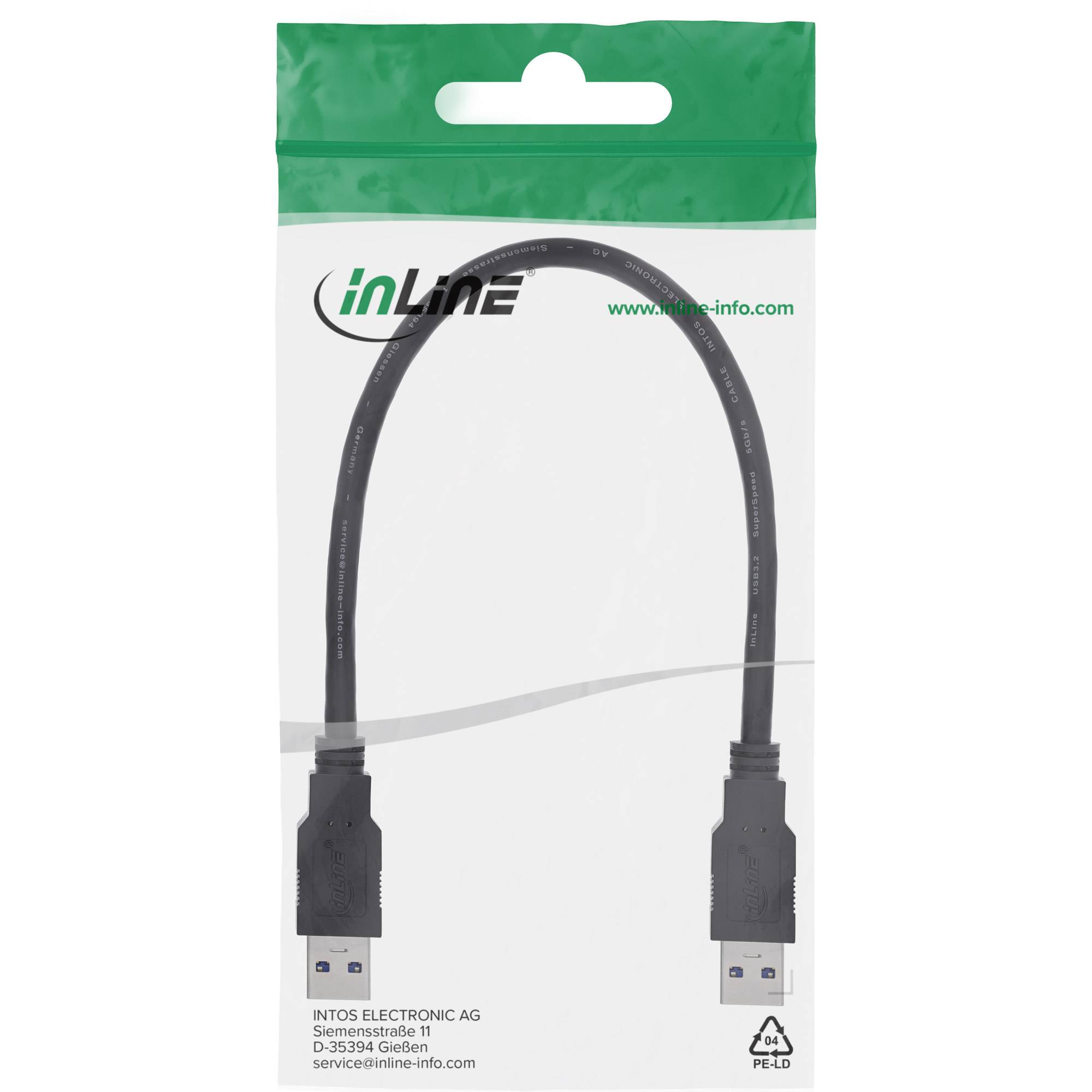 Verpacktes schwarzes USB-Kabel mit männlichen Steckern an beiden Enden, gezeigt auf einer weißen Einzelhandelstasche mit der Aufschrift 