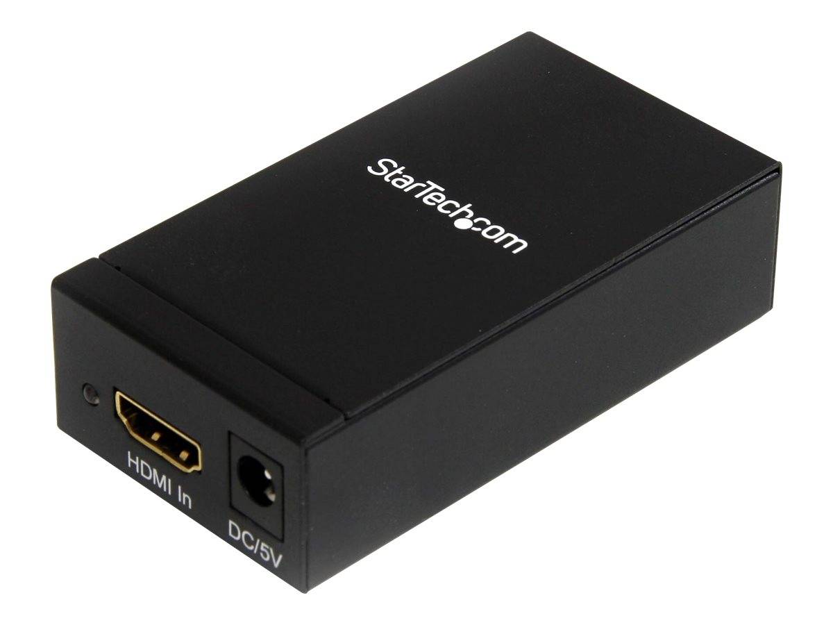 Black StarTech.com HDMI-Eingabe-Adapterbox mit HDMI-Ein- und DC-5V-Stromversorgungsanschlüssen auf der Vorderseite.