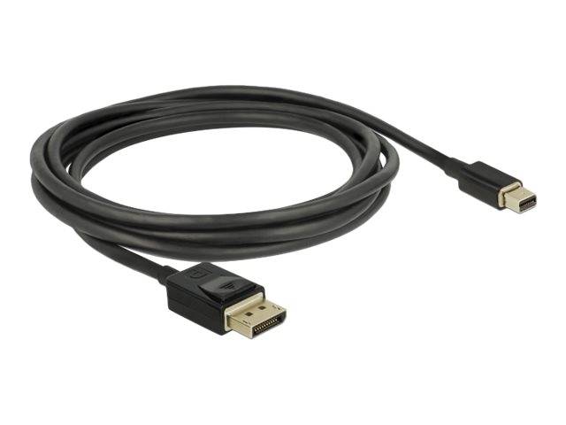Aufgerolltes schwarzes DisplayPort-Kabel mit vergoldeten Steckern auf weißem Hintergrund.
