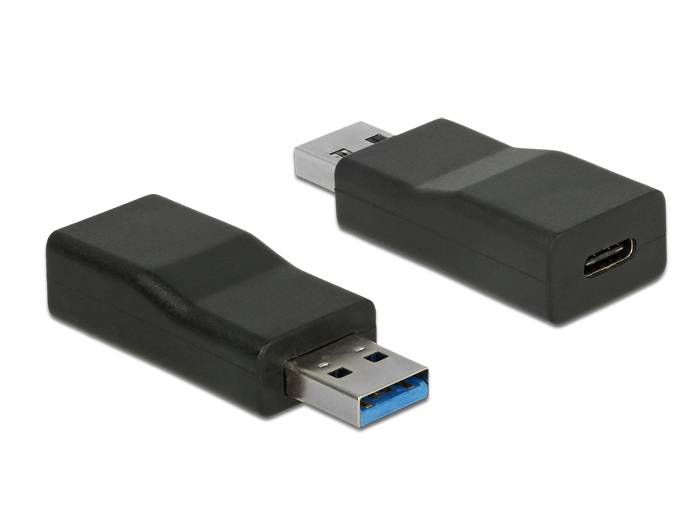 Zwei schwarze USB-Adapter auf weißem Hintergrund, einer mit USB-A-Stecker und einer mit USB-C-Buchse.