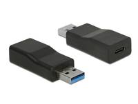 Zwei schwarze USB-Adapter: einer mit einem USB-A-Stecker und einer mit einem USB-C-Anschluss, auf weißem Hintergrund dargestellt.