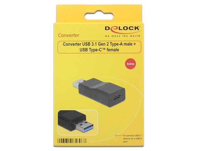 DELOCK Converter-Verpackung für USB 3.1 Gen 2 Typ-A-Stecker auf USB Typ-C-Buchse Adapter, mit Produktbildern und „Active