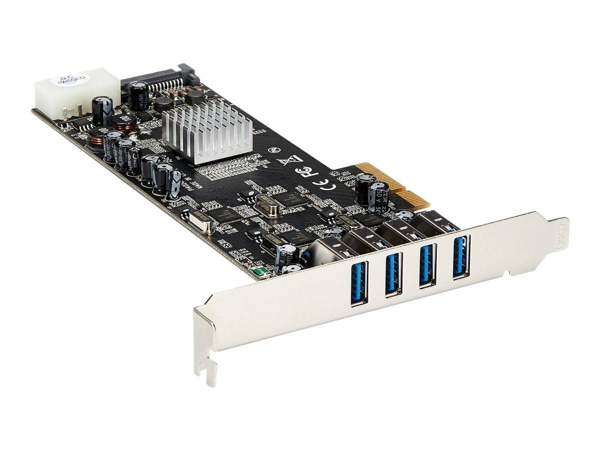 PCIe-Erweiterungskarte mit vier blauen USB-3.0-Anschlüssen auf der Halterung und einem Kühlkörper auf der Leiterplatte.