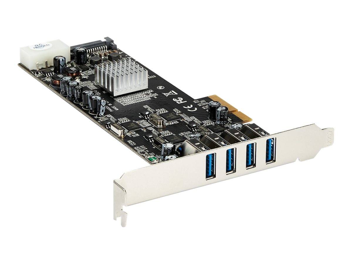 PCIe-Erweiterungskarte mit vier blauen USB 3.0-Anschlüssen und einem Kühlkörper, abgebildet auf weißem Hintergrund.