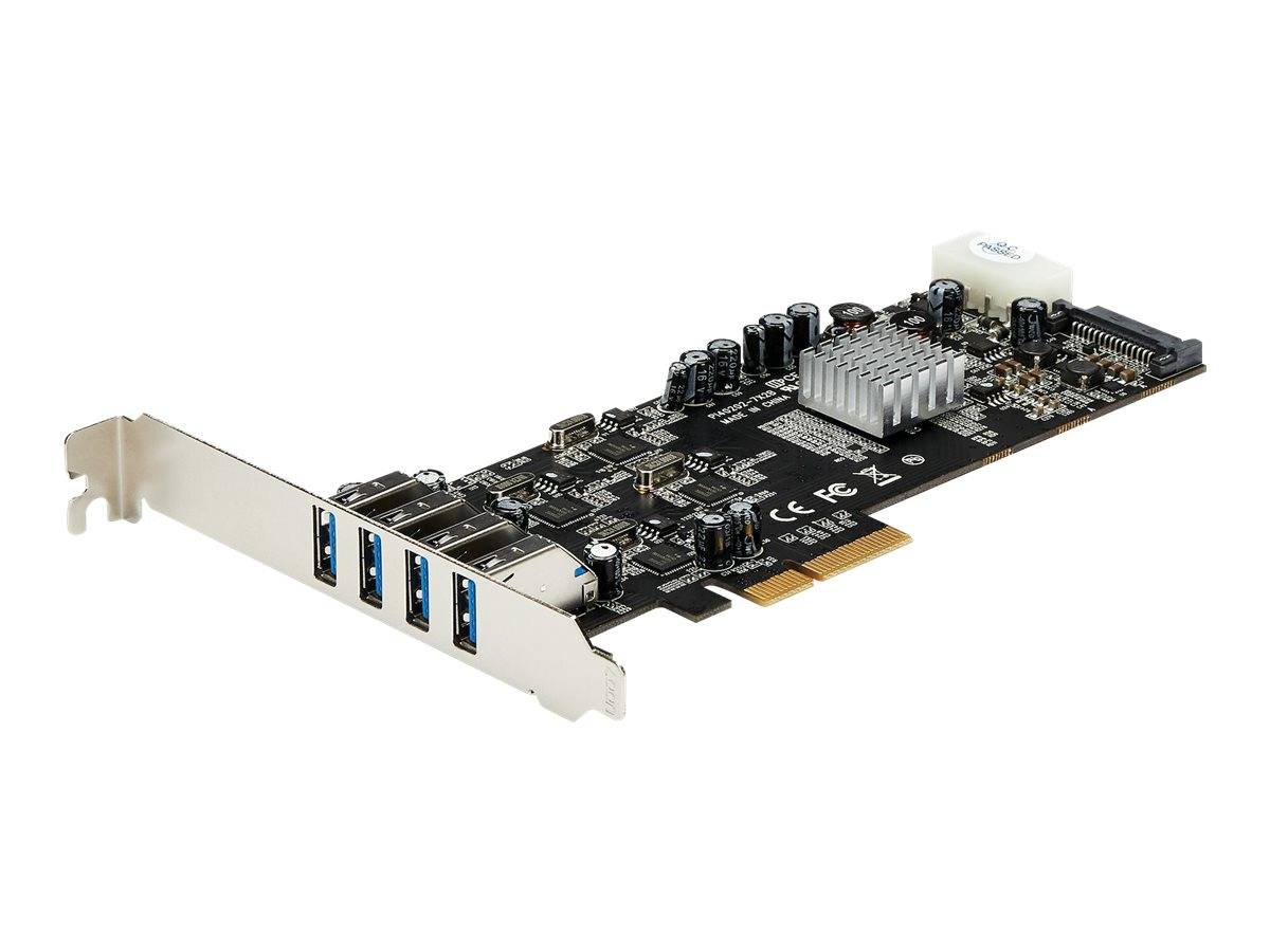 PCIe-Erweiterungskarte mit vier USB 3.0-Anschlüssen auf einer Metallhalterung, gezeigt auf weißem Hintergrund.