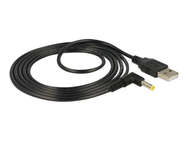 Schwarzes USB-Kabel mit USB-A-Stecker und rechtwinkliger Stromsteckverbindung auf weißem Hintergrund.