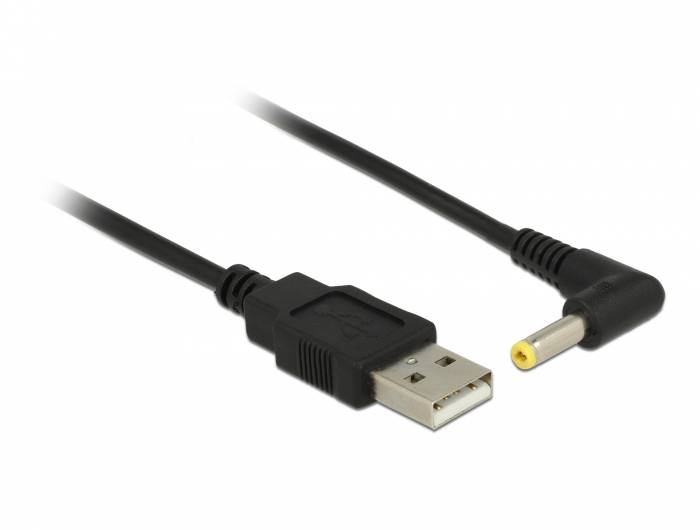USB-zu-Gleichstrom-Stromkabel mit USB-A-Stecker auf der einen Seite und einem rechtwinkligen Hohlstecker auf der anderen Seite.