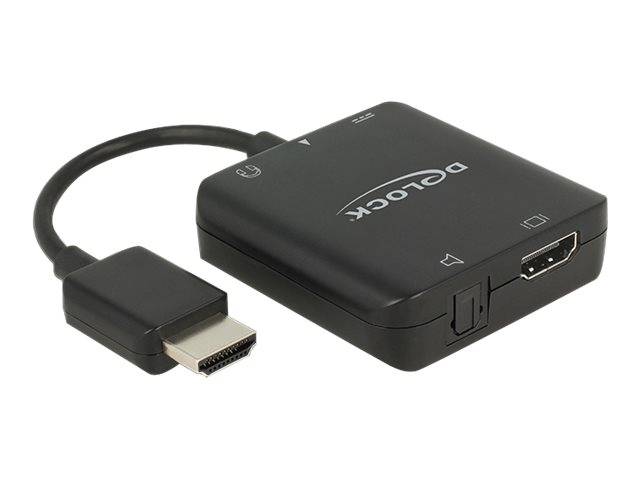 Schwarzer Delock HDMI-Adapter-/Konverter-Box mit einem kurzen HDMI-Kabel und HDMI-Anschluss, verwendet zum Verbinden von Videogeräten.
