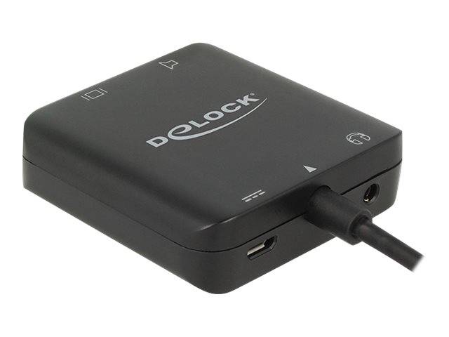 Schwarze DeLock-Elektronik-Adapterkiste mit beschrifteten Anschlüssen und einem Kabel, das in die rechte Seite eingesteckt ist, auf weißem Hintergrund dargestellt.