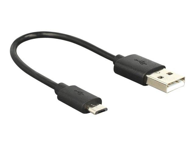 Schwarzes USB-Kabel mit einem Standard-USB-A-Anschluss an einem Ende und einem Micro-USB-Anschluss am anderen Ende, dargestellt auf weißem Hintergrund.